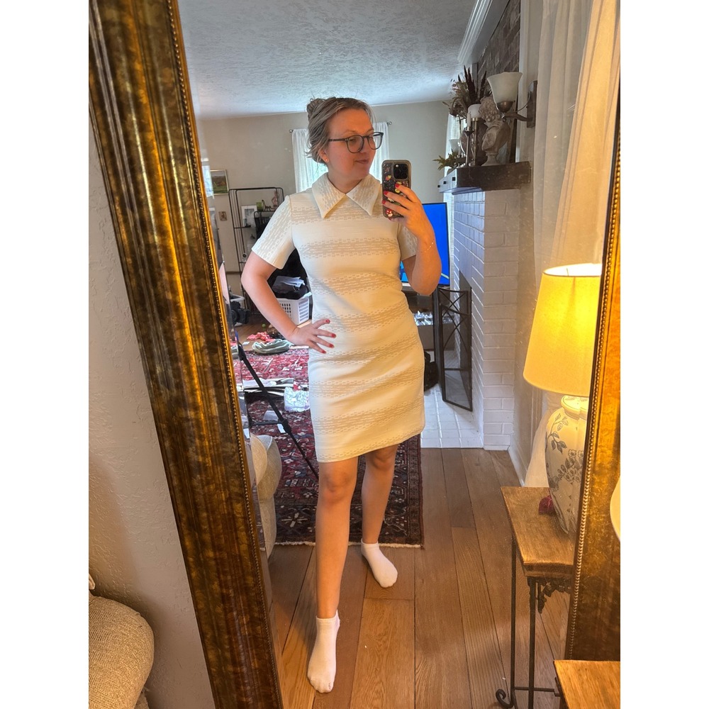 Vintage Mod Dress Jackie Kennedy 60s 70s Textured Shift Dress Collared Medium